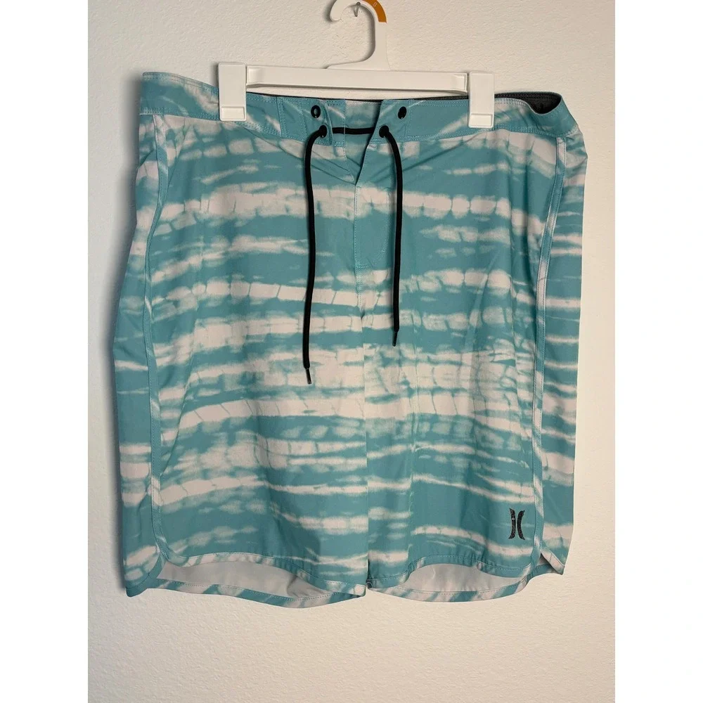 Hurley Mens Teal White Tie Dye Board Shorts Swim Trunks Size 38 Surf‎ Beachwear